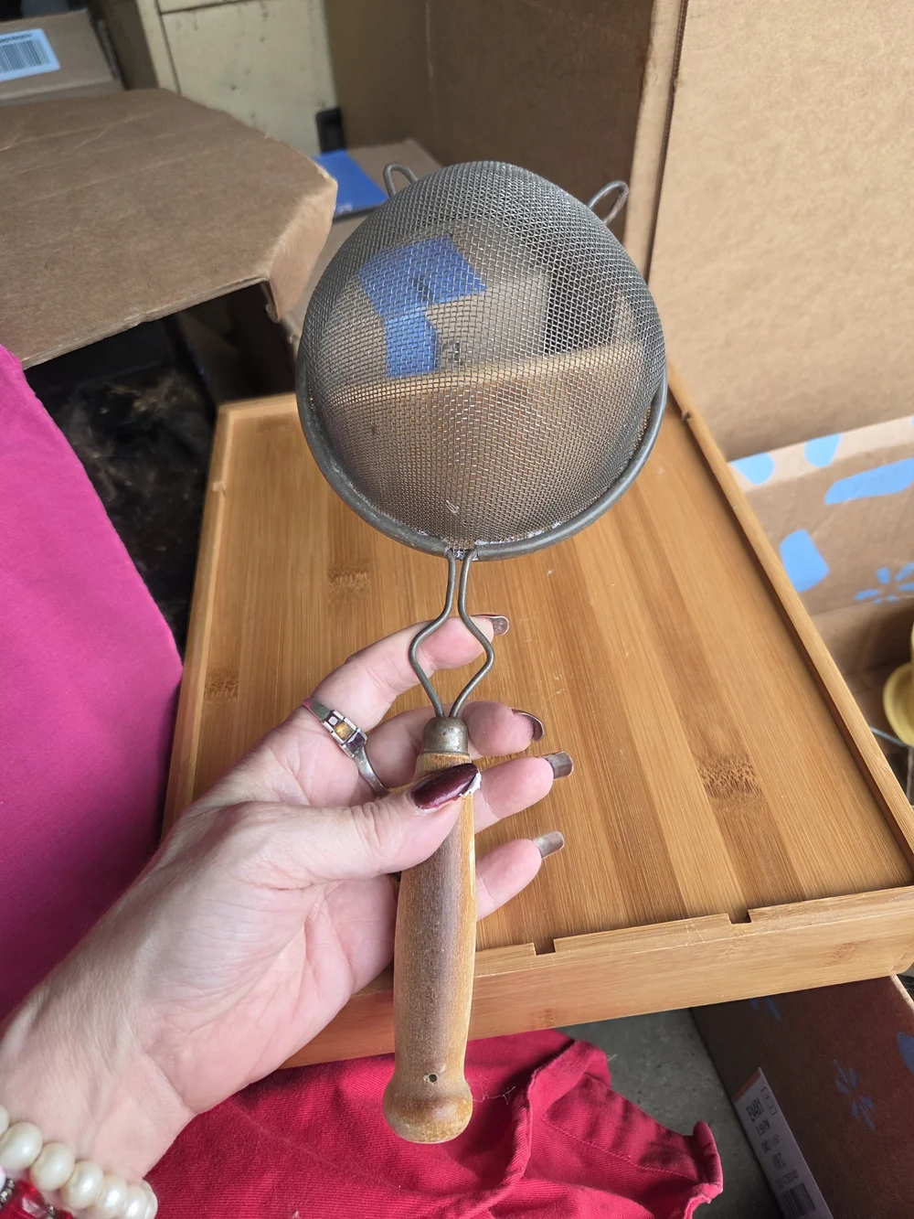 Vintage Stainless Steel Kitchen Strainer with Wooden Handle - Neutral